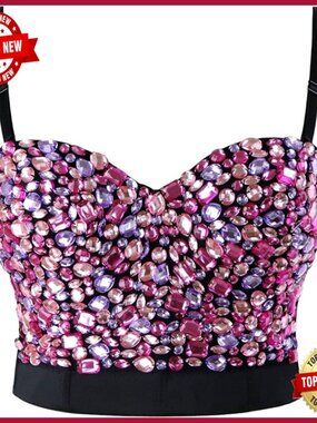 Push Up Bustier Crop Top with Rhinestones, Underwire, Adjustable Straps